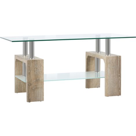 Table basse rectangulaire en verre avec étagères, pieds en bois, style moderne 90x50x42 cm en bois naturel (1/5)