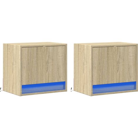 Juego de 2 mesitas de noche de pared con luces LED con compartimento con puerta, madera de ingeniería, color roble DEC036149