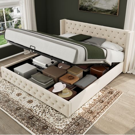 Cama 140x200 cm de terciopelo beige con arcón hidráulico, ahorra espacio, sin colchón – MEUBLIV (1/5)