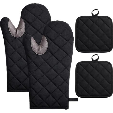 Lot de 2 gants de cuisine avec 2 maniques, résistants à la chaleur, en coton antidérapant, gants de cuisson lavables, noirs pour la cuisson, le barbecue, le plat à gratin (1/5)