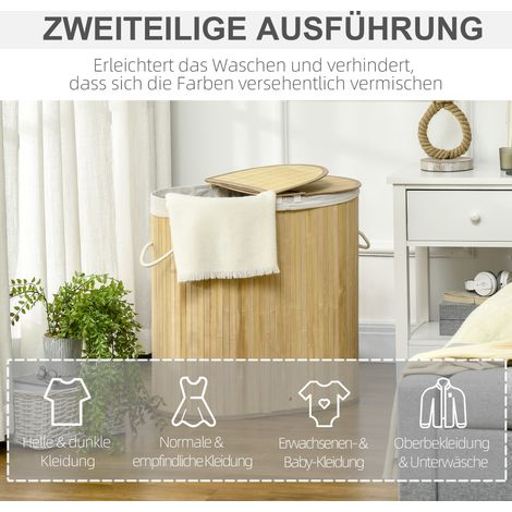 Panier à linge avec couvercle, 2 compartiments trieur amovible en bambou naturel pour organisation et rangement du linge (1/5)