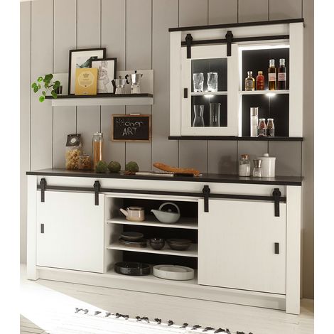 Küchen Set mit Spültisch ca. 200 cm, Hängeschrank und Regal SHELTON-61 in Pinie weiß Nb. mit anthrazit (1/5)