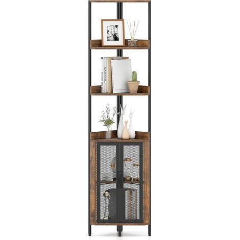 COSTWAY Scaffale Angolare a 6 Ripiani, Libreria Alta 170 cm con Armadietto, Scaffale Industrial per Libri con Ante, Multiuso per Soggiorno, Camera da Letto (Marrone) (1/5)