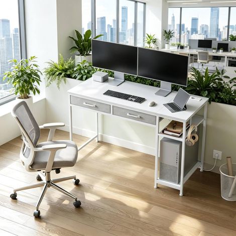 Bureau informatique 120x51x75 cm en bois et métal blanc, avec rangement pour bureau FloraGrace (1/5)
