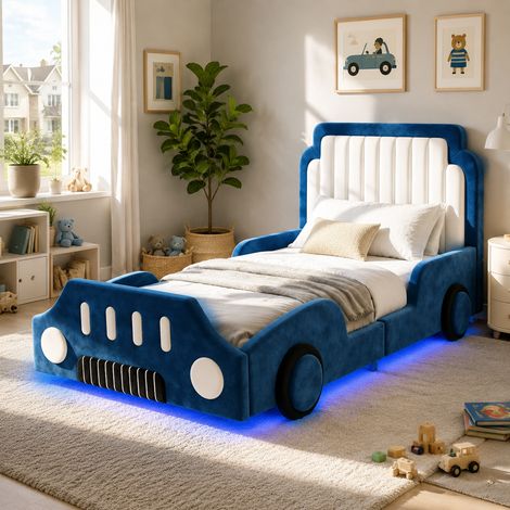 Lit simple enfant 90x200 cm design voiture, avec garde-corps et LED, cadre rembourré , velours, bleu (1/5)