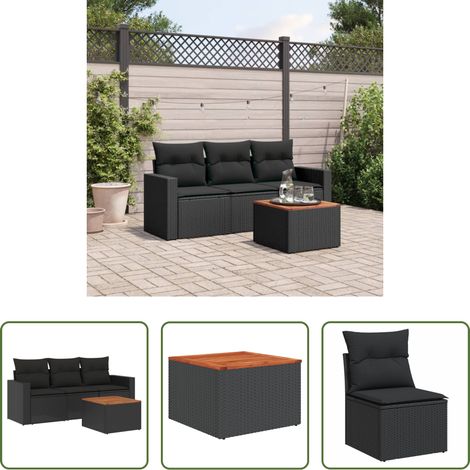 Gartentisch -  4-tlg. Garten-Sofagarnitur mit Kissen Schwarz Poly Rattan (1/5)