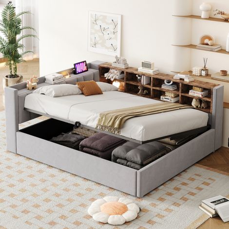 Letto 140x200 in velluto grigio chiaro con contenitore idraulico, senza materasso – MEUBLIV (1/5)
