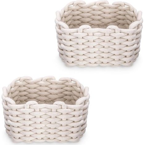 Lot de 2 paniers de rangement tissés – Cordon en coton blanc – 18 x 14 x 13 cm – Décoratifs et portables (1/5)