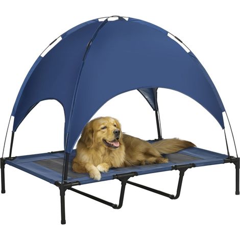 Lit pour chien exterieur resistant aux intemperies avec auvent pliable 122 x 92 x 108 cm bleu et noir (1/3)