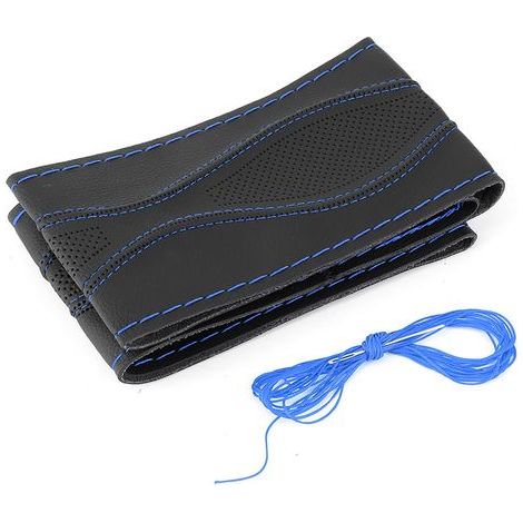 Lederlenkradbezug, 38 cm/15 Zoll, handgenäht, geprägt mit Universalnadel und -garn, schwarz und blau (1/5)