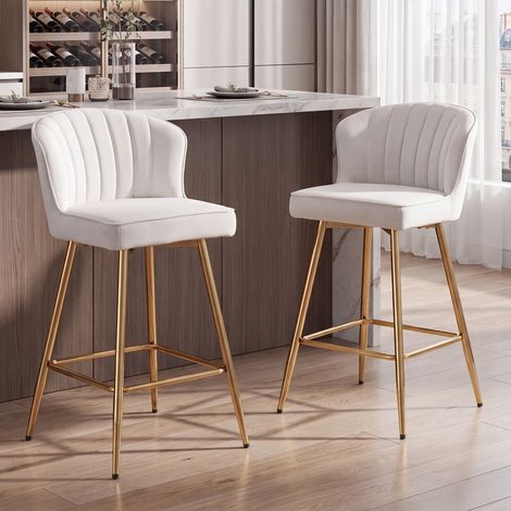 Wahson Tabourets de Bar en Velours, Lot de 2 Chaise de Bar Moderne avec Dossier Velours Tabouret Bar Moderne avec Pied Métal, Beige (1/5)