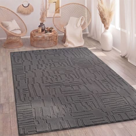 Paco Home Teppich Wohnzimmer Hochflor Skandi Boho Geometrisch Abstrakt Uni Waschbar Anthrazit 80x150 cm (1/5)
