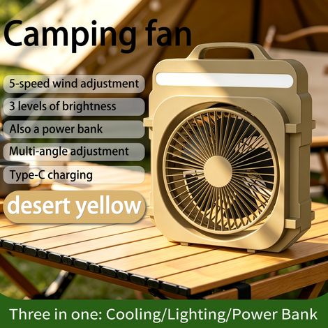 Ventilateur de camping portable rechargeable à 5 vitesses et 3 modes d'éclairage pour tente, plage, pêche et utilisation en cas d'urgence en extérieur (1/5)