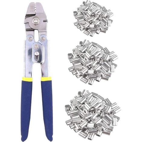 Outil de sertissage de câble métallique, outil de sertissage de câble métallique avec fonction de coupe, pince à sertir jusqu'à 2,2 mm (3/32") avec 200 manchons à double baril en aluminium de