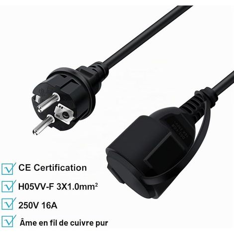 Schuko Extension Cable Short 16 A 250 V Schuko Extension Cable Short 2 AC Socket IP44 Outdoor Indoor Use Black 0.5 m (1/4)