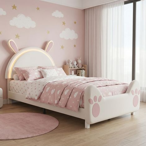 Lit simple 90x200 cm, Lit enfant rembourré avec LED et oreilles de lapin, Lit princesse en velours et métal, Blanc
