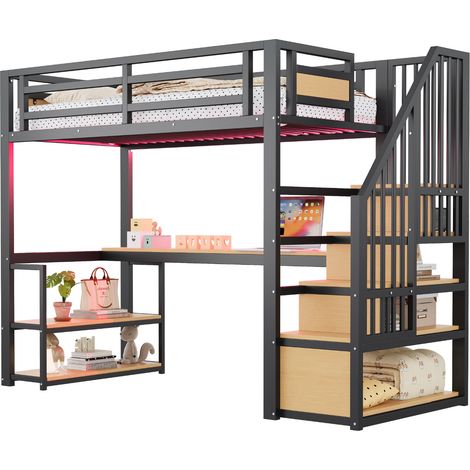 Lit mezzanine 90x200 en métal noir avec bureau, étagères et escalier de rangement, cadre en fer robuste 120 kg, pour chambre enfant ou adulte - CHICFURN (1/5)