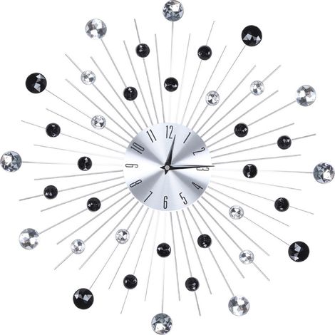 Horloge murale métallique argentée scintillante pour salon bureau (argent + strass noirs) (1/5)