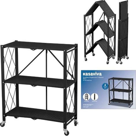Scaffale Pieghevole in Metallo Nero 3 Ripiani 72 x 34 x 88 cm