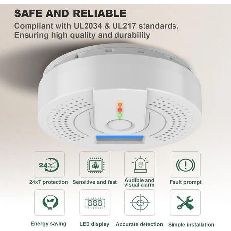 Detector de monóxido de carbono, detector de monóxido de carbono con alarma sonora, conforme a la norma EN50291 (pilas AA no incluidas). (1/4)
