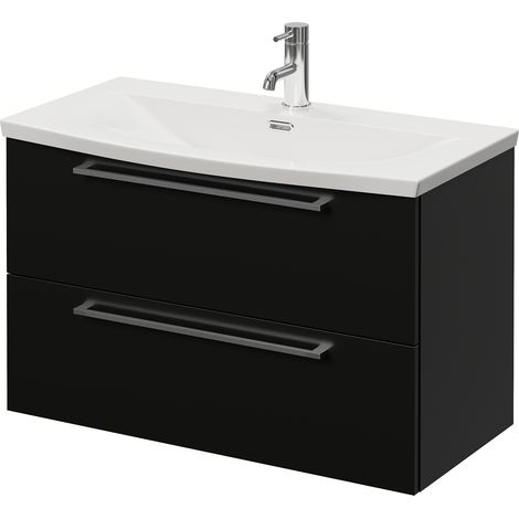 Napoli 390 Matt Black 800mm Wall Mounted 2 Drawer Vanity Unit with Arc Basin - 800mm - Chrome 480mm Handle