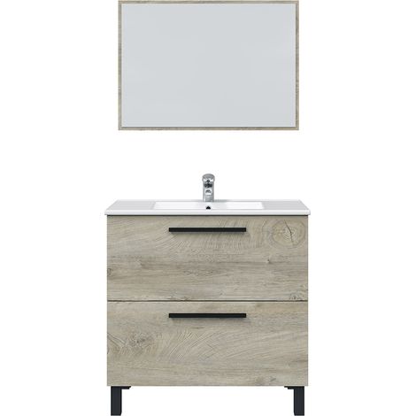 Meuble salle de bain sous vasque avec 2 Tiroirs + 1 Miroir coloris Alaska chêne - Longueur 80 x Profondeur 45 x Hauteur 86 cm
