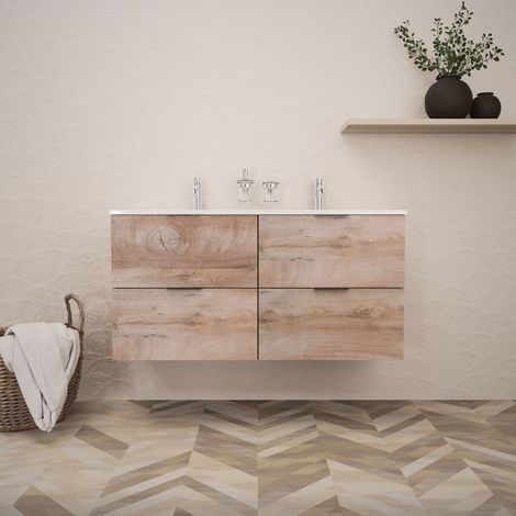 Inda - Badezimmerschrank B.120 mit Doppelwaschbecken Hochglanz/Natureiche 4 Schubladen - Topazio