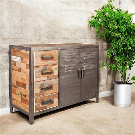 Buffet bois recyclé 4 tiroirs bois recyclé 2 portes métalliques 120x45x90cm CARAVELLE (1/5)