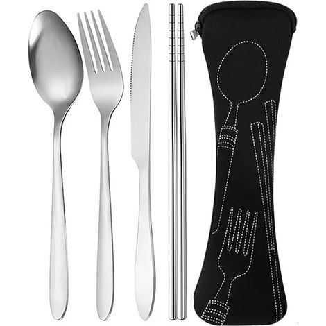 (Noir) Ensemble de couverts en acier inoxydable 4 pièces, comprenant couteau, fourchette, cuillère et baguettes. (1/5)