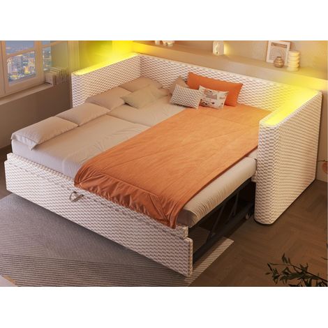 Schlafsofa 90/180x200cm - mit Ausziehfunktion - mit LED-Lichtleiste - mit Lattenrost - Samt - beige (Matratze nicht im Lieferumfang enthalten)