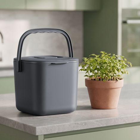 Poubelle à Compost avec Couvercle Anti-Odeur et Panier Intérieur, 7 L, 24 x 20 x 19,5 cm, Gris (1/5)