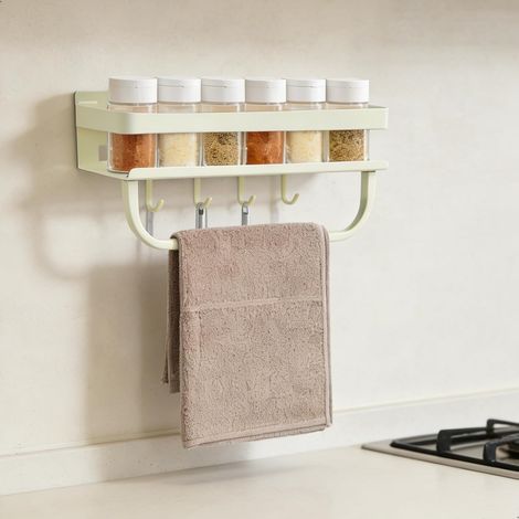 Rangement Epices Cuisine, Etagere a Epices Murale, étagère à épices Multifonctionnelle avec Crochets et Porte-Serviettes, Porte Epices Mural pour le Rangement et Organisation de Cuisine (1/5)