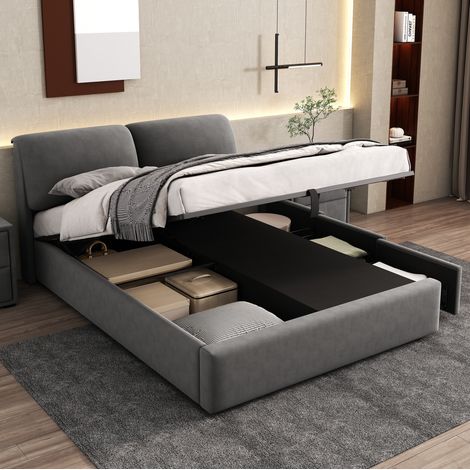 Bett Doppelbett Stauraum 140x190 Samt Grau OKMYHOME (1/5)