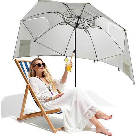 TolleTour Strandschirm 210 cm Sonnenschirm mit UV Schutz 50+, neigbar mit Erdspieß und Tragetasche, wasserabweisender Gartenschirm für Strand, Garten & Balkon – Beige mit Spiral-Erdspieß