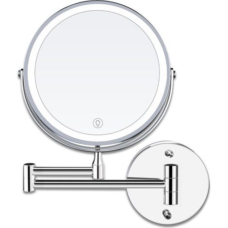 8 Pouces LED Miroirs Maquillage Mural Miroir Grossissant Lumineux, 1x/10x Grossissement Charge USB Réglable à 3 Couleurs, 360°Pivotant Extensible, pour Salles de Bain (1/5)
