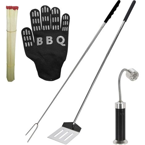 Set Barbecue 5 Pezzi Forchetta e Paletta Estensibili Fiammiferi lunghi guanto Lampada LED 9 luci con calamita (1/5)