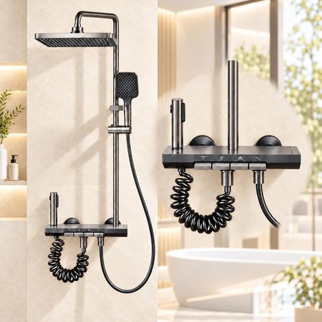 Colonne de douche pour salle de bain dotée d'un système à quatre fonctions (pomme de douche carrée, douchette à main, douchette bidet et bec cascade pour baignoire), d'une hauteur réglable et d'une fi (1/4)