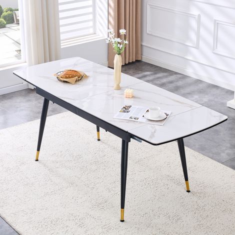 Mesa de comedor extensible de cerámica, 140–200 cm, blanca, estructura metálica negra OKMYHOME (1/5)