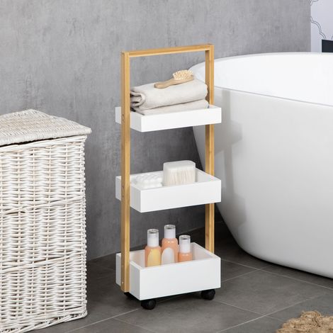 Chariot Salle Bain Roues Paniers Auxiliaire Multifonctionnel Mobilier Intérieur Bois Bambou Blanc 28x18x75cm (1/4)