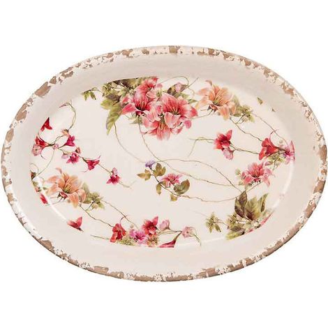 Assiette décorative beige céramique fleurs 25x18x3cm