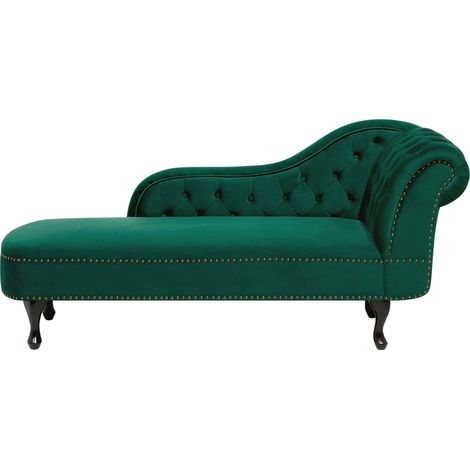 Chaise longue tapizado en terciopelo verde con botones versión derecha Nimes (1/5)