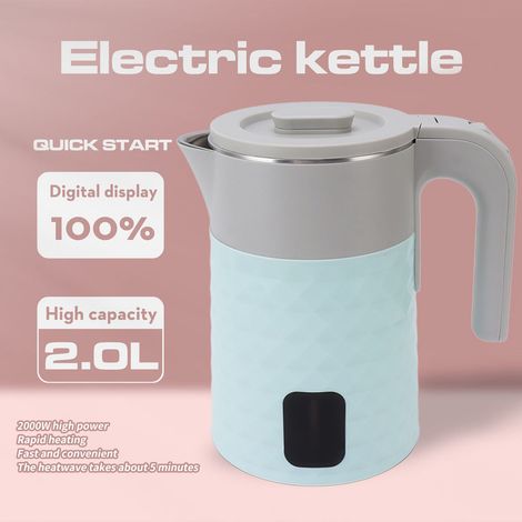 Bouilloire électrique 2L à chauffage rapide, double paroi en acier inoxydable, idéale pour la maison, les dortoirs et les bureaux (prise britannique 220V, bleue). (1/5)