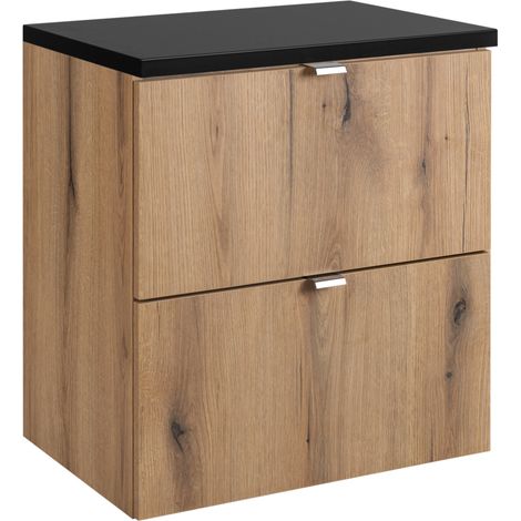 Meuble sous vasque suspendu 2 tiroirs avec le plan noir NOVA OAK 50 CM (1/5)