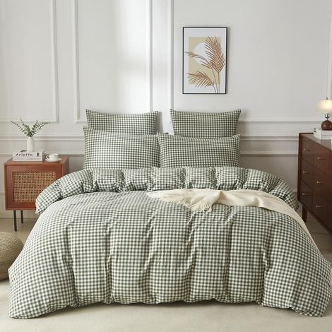 Housse de Couette 220x240 Coton Lavé Vert Blanc Carreaux Vichy Parure de Lit 220x240 Adulte Coton Doux Respirant Linge de Lit 2 Personne avec Fermeture Éclair et 2 Taies d'oreiller 65x65 (1/5)