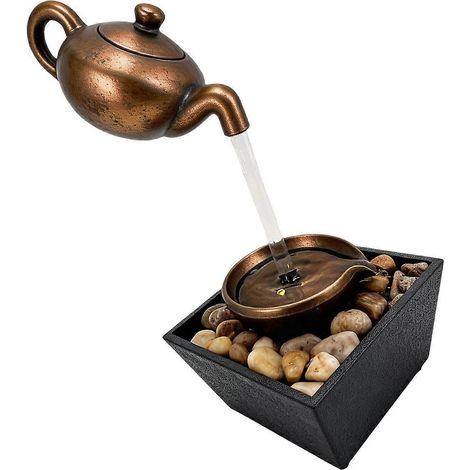 Fontaine de table en forme de théière peinte décoration intérieure avec alimentation USB et bassin en pierre bronze. (1/4)