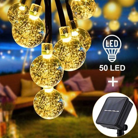 Guirnalda de luces solares AIDUCHO, 7 m/23 pies, 50 luces LED con forma de bola de cristal, luces decorativas impermeables para uso interior y exterior, jardín, fiestas, patio, bodas, 8 modos (blanco  (1/5)