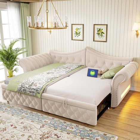 Lit banquette en velours à rivets canapé convertible extensible 90 à 180 cm avec port USB et LED pour salon et chambre (1/5)