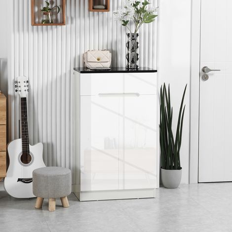 Étagère à chaussures étroite pour entrée, pouvant contenir jusqu'à 12 paires, avec 3 étagères réglables et un tiroir. En aggloméré blanc. 60 x 32 x 100 cm.