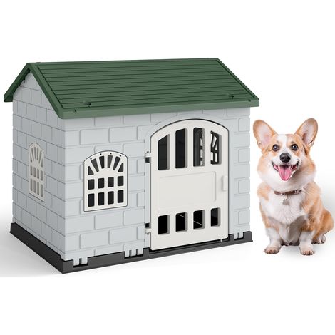 COSTWAY Cuccia per Cani da Esterno ed Interno, Cassetta per Cani con Porta Bloccabile, 3 Finestre e Tetto Inclinato, Cucce per Cagnolino in Plastica Impermeabile (Verde) (1/5)