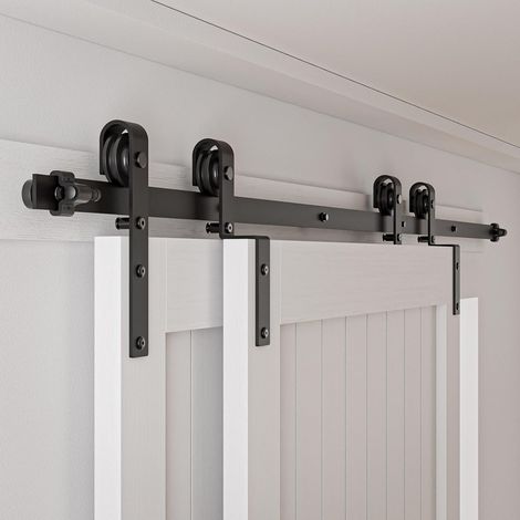 7.5FT/224CM Sliding Door Rail System Hardware Industrial Set for Bypass Double Doors Interior Easy to Install, J-Shape Black (1/5)